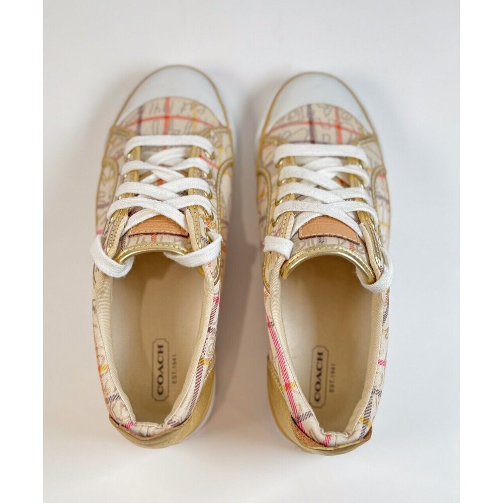 Coach Beige and Gold Plaid Sneakers - Picture 7 of 8